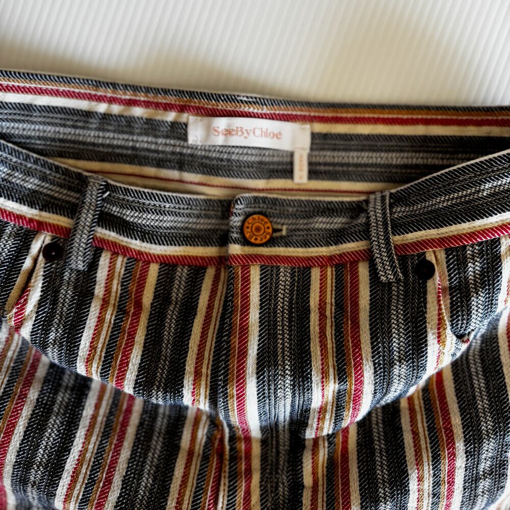 See By Chloe Jacquard Stripe Cotton Denim Shorts EU 40 Boho Retro Festival Indie - Picture 13 of 16